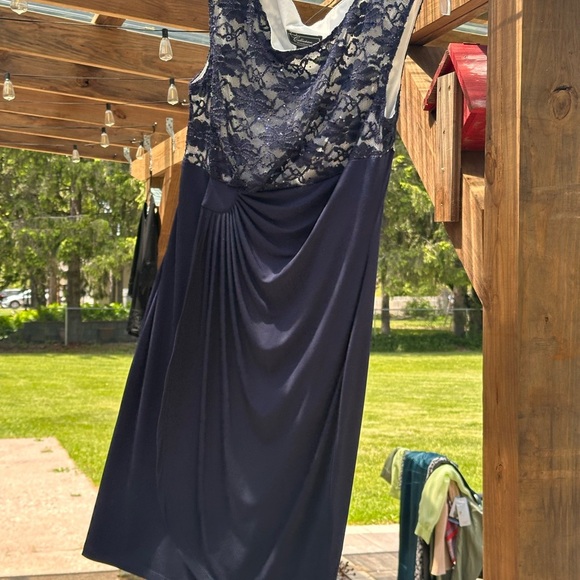 Dress Barn Asymmetrical Ruched Blue Sparkling Embellishment Gown Women’s 10 EUC - Picture 8 of 16